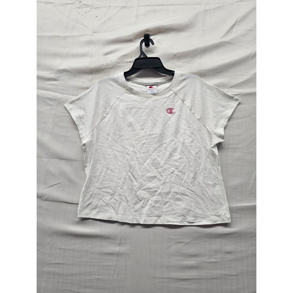 Champion Womens Cropped Raglan Baby Tee White Cotton Blend Athletic Size 1X